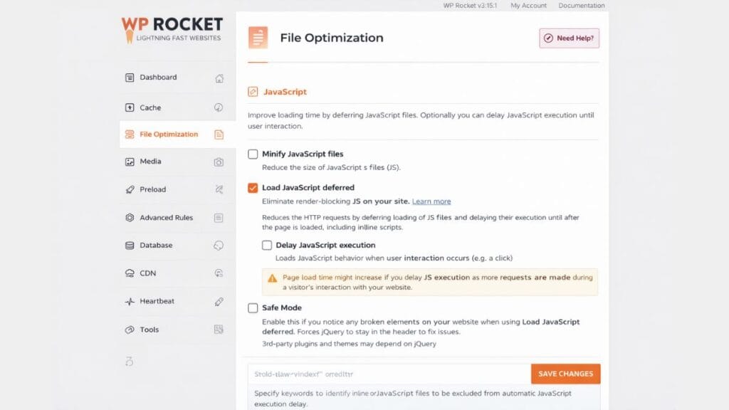WP Rocket JavaScript deferral settings WordPress