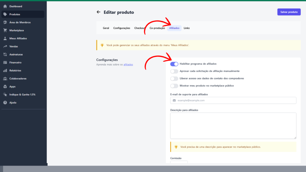 Como ativar o programa de afiliado da kiwify no seu e-book