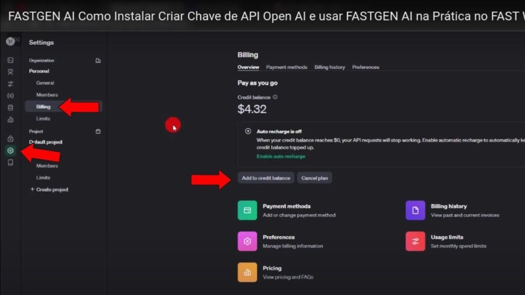 adicionar credito na open ai