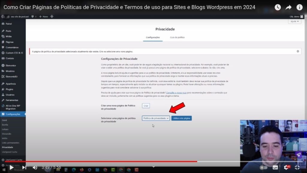 vinculando a página de politica de privacidade no wordpress