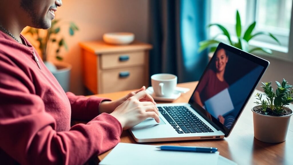 Pessoa trabalhando em um laptop em casa.