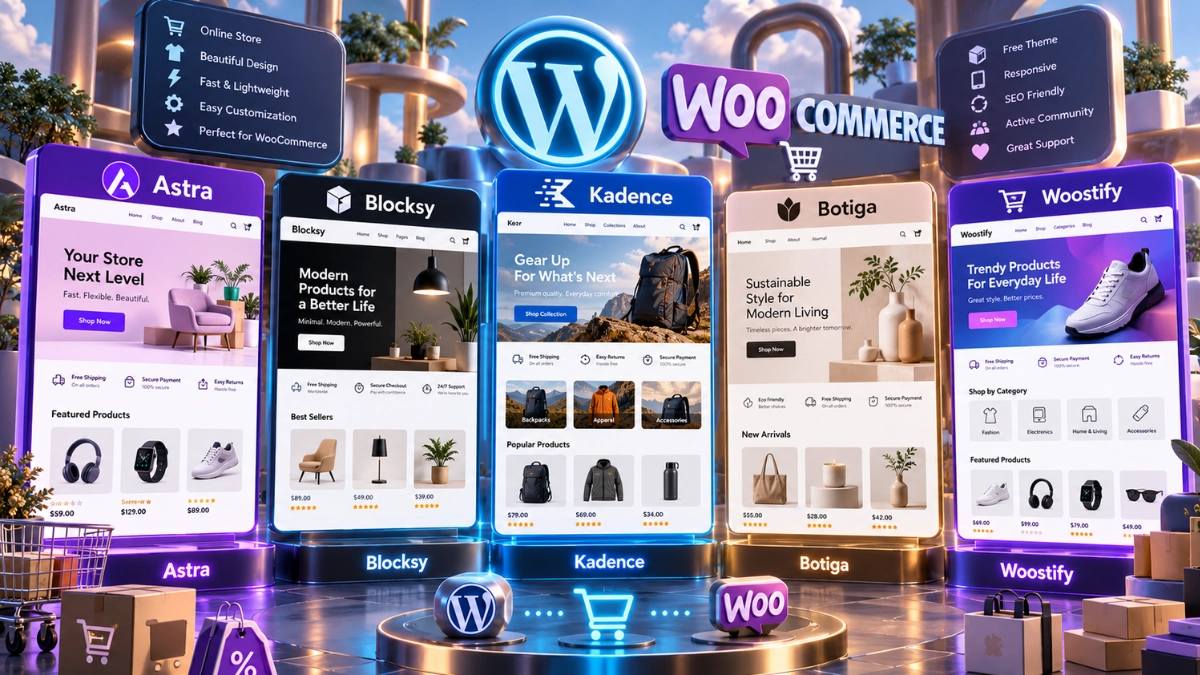 15 Melhores Temas WordPress Grátis para WooCommerce 2 Comparação de temas gratuitos Astra, Blocksy, Kadence, Botiga e Woostify para WooCommerce