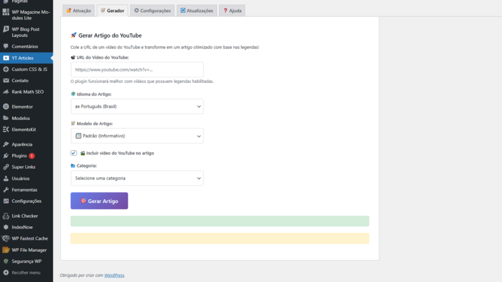 Plugin Youtube Article Generator