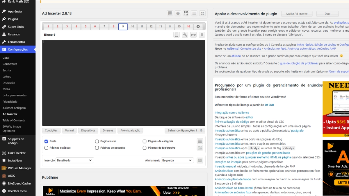 Como configurar o primeiro bloco do Ad Inserter