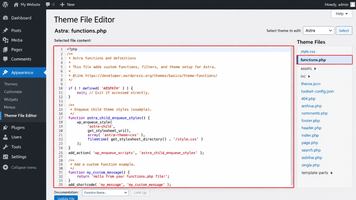 Como localizar e editar o arquivo functions.php pelo painel administrativo do WordPress.