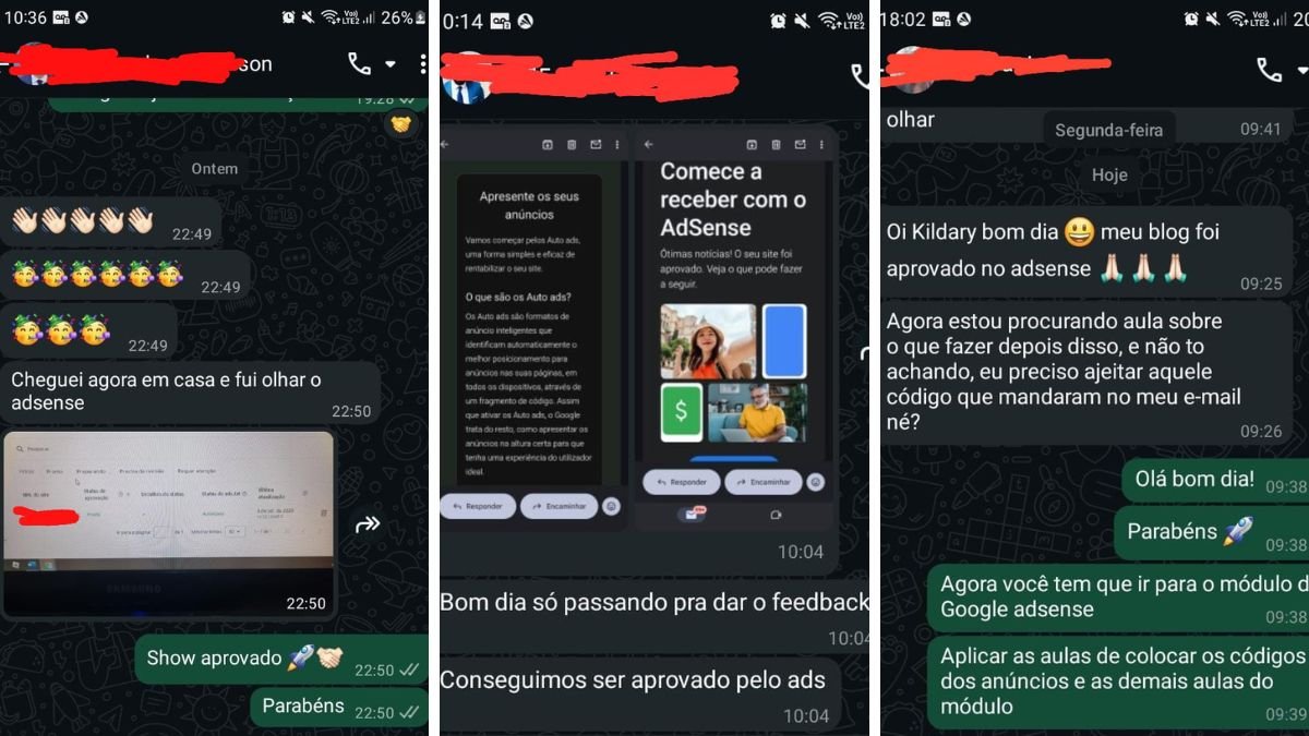 3 Alunos Aprovados na Monetização do Google AdSense no Mesmo Dia