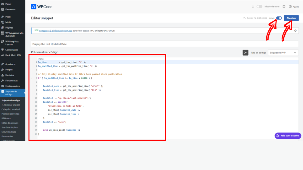 Alterar o código para português