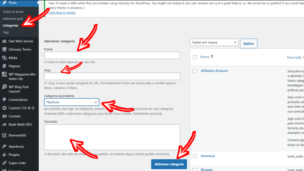 Como criar subcategorias no WordPress