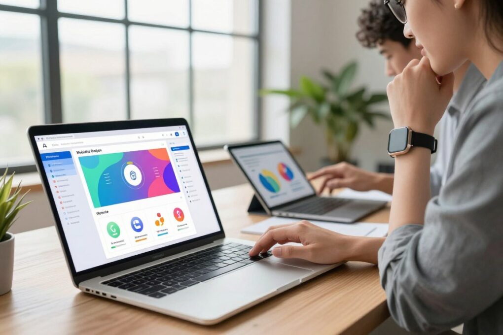 A contemporary workspace setting focused on AI tools for website and blog creation. In the foreground, a sleek laptop displays a colorful interface of a website builder, surrounded by digital design elements like icons and infographics. In the middle space, an individual dressed in smart casual attire is engaged in thoughtful work, tapping on a tablet, with visible charts showing digital monetization metrics. The background features a large window with natural light flooding in, complemented by a few plants for a touch of nature, enhancing the tech-savvy atmosphere. Overall, the scene conveys innovation, professionalism, and a vibrant mood, emphasizing the fusion of creativity and technology in online monetization. A contemporary workspace setting focused on AI tools for website and blog creation. In the foreground, a sleek laptop displays a colorful interface of a website builder, surrounded by digital design elements like icons and infographics. In the middle space, an individual dressed in smart casual attire is engaged in thoughtful work, tapping on a tablet, with visible charts showing digital monetization metrics. The background features a large window with natural light flooding in, complemented by a few plants for a touch of nature, enhancing the tech-savvy atmosphere. Overall, the scene conveys innovation, professionalism, and a vibrant mood, emphasizing the fusion of creativity and technology in online monetization.