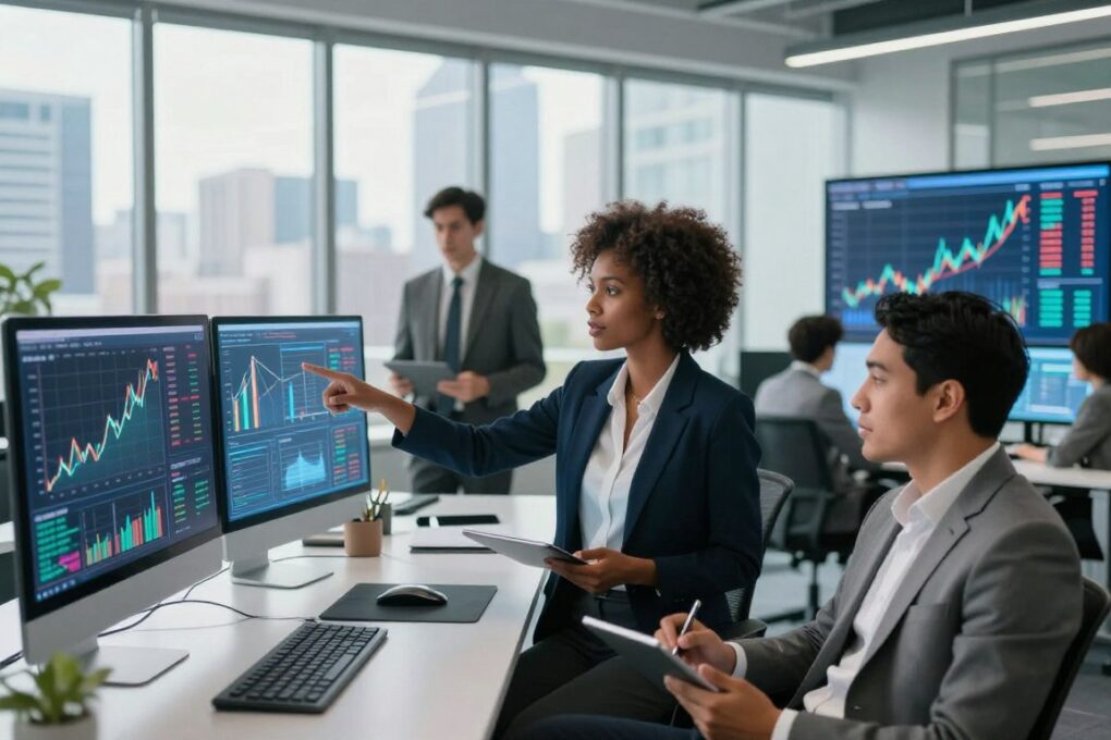 A futuristic office environment showcasing a diverse group of professionals in business attire, intently analyzing data on large screens displaying stock trends and artificial intelligence projections. In the foreground, a confident Black woman points at a holographic interface, while a Hispanic man takes notes on a tablet. The middle ground features a sleek desk with modern computers and financial charts. In the background, large windows reveal a bustling city skyline under bright daylight, conveying optimism. Soft, diffused natural light illuminates the scene, creating a productive and inspiring atmosphere. The composition emphasizes collaboration and innovation in AI investments, with a modern, minimalist aesthetic. A futuristic office environment showcasing a diverse group of professionals in business attire, intently analyzing data on large screens displaying stock trends and artificial intelligence projections. In the foreground, a confident Black woman points at a holographic interface, while a Hispanic man takes notes on a tablet. The middle ground features a sleek desk with modern computers and financial charts. In the background, large windows reveal a bustling city skyline under bright daylight, conveying optimism. Soft, diffused natural light illuminates the scene, creating a productive and inspiring atmosphere. The composition emphasizes collaboration and innovation in AI investments, with a modern, minimalist aesthetic.
