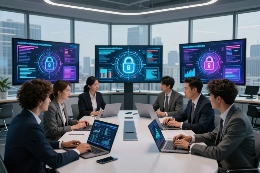 A futuristic office environment showcasing the theme of "automatic earnings through artificial intelligence" with a focus on data protection. In the foreground, a diverse group of professionals in business attire, engaged in a collaborative discussion around a sleek, modern table with laptops and digital devices displaying graphs and AI algorithms. In the middle, large screens illustrate data security concepts like encryption and analytics in vibrant colors. The background features a panoramic view of a city skyline through floor-to-ceiling windows, symbolizing progress and innovation. Soft, ambient lighting fills the space, creating a productive and ethical atmosphere. The image conveys a sense of opportunity and responsibility in the use of AI.