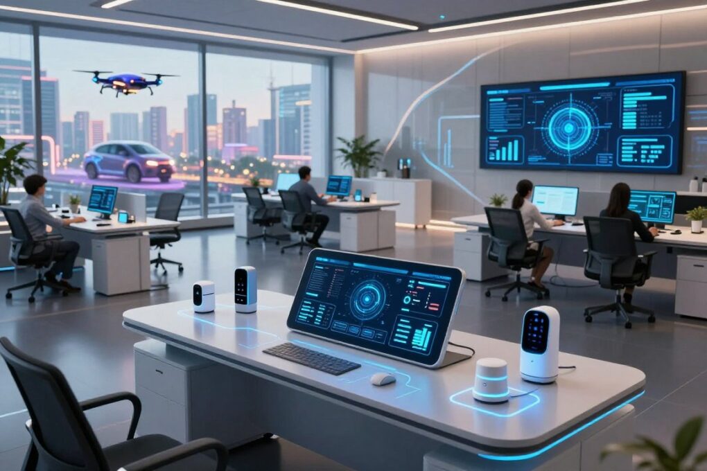 A futuristic office space showcasing the synergy of Artificial Intelligence and Internet of Things (IoT) in automating environments. In the foreground, a sleek, high-tech control panel with glowing interfaces displays real-time data, surrounded by smart devices like sensors and connected appliances. The middle ground features a spacious workspace with modern furniture and digital screens projecting analytics and AI-driven insights. In the background, large windows reveal a vibrant cityscape with drones and smart vehicles. The scene is illuminated by soft, ambient lighting that creates a dynamic yet professional atmosphere, suggesting innovation and collaboration. Capture this from a slightly elevated angle to enhance the depth and futuristic essence of the environment.