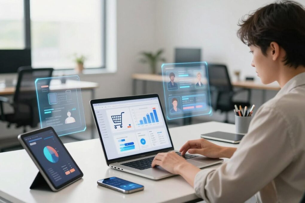 A modern e-commerce workspace showcasing artificial intelligence tools for profitable online businesses. In the foreground, a sleek desk with a laptop displaying analytics graphs, AI-generated recommendations, and a digital shopping cart. A professional individual in smart casual attire is analyzing data, surrounded by gadgets like tablets and smartphones. The middle ground features futuristic holographic interfaces showing product recommendations and customer interactions. In the background, a blurred office setting with large windows letting in natural light, creating a bright atmosphere. The image should convey innovation and success in the realm of online commerce, with a clean, tidy aesthetic and a focus on technology and professionalism. Soft, warm lighting enhances the mood of productivity and forward-thinking. A modern e-commerce workspace showcasing artificial intelligence tools for profitable online businesses. In the foreground, a sleek desk with a laptop displaying analytics graphs, AI-generated recommendations, and a digital shopping cart. A professional individual in smart casual attire is analyzing data, surrounded by gadgets like tablets and smartphones. The middle ground features futuristic holographic interfaces showing product recommendations and customer interactions. In the background, a blurred office setting with large windows letting in natural light, creating a bright atmosphere. The image should convey innovation and success in the realm of online commerce, with a clean, tidy aesthetic and a focus on technology and professionalism. Soft, warm lighting enhances the mood of productivity and forward-thinking.