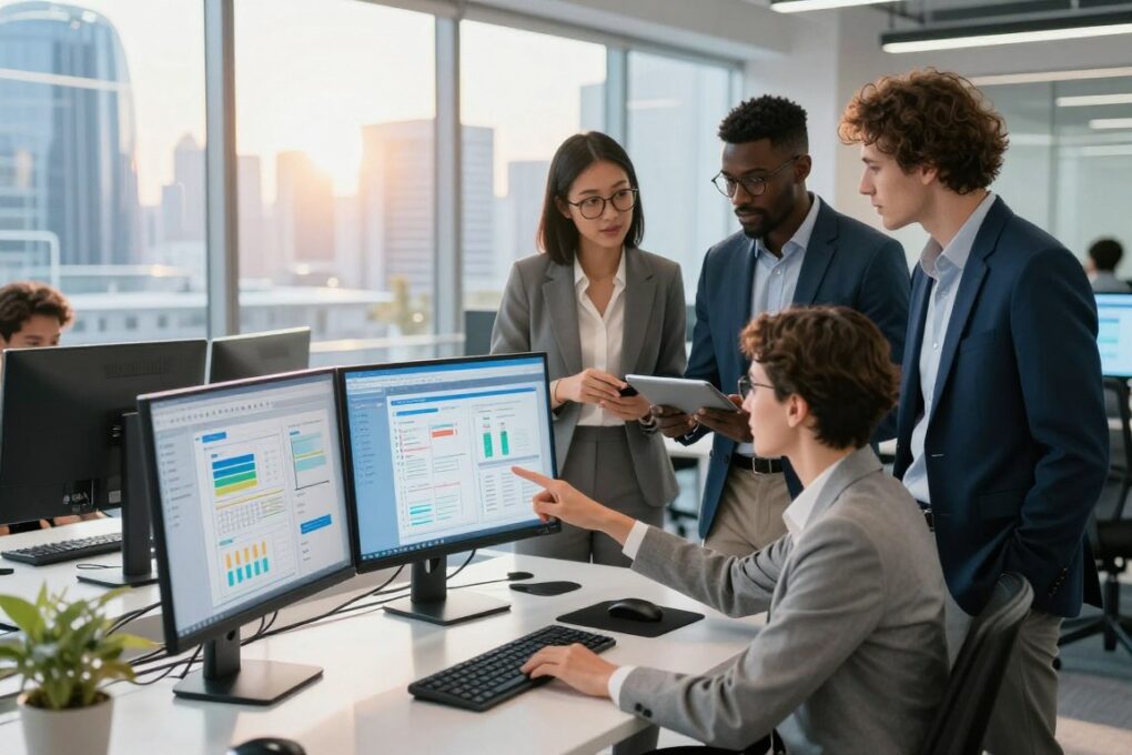 A modern office environment showcasing a sleek workspace filled with advanced AI tools for process automation. In the foreground, a high-tech computer with multiple screens displaying data analytics and workflow diagrams. In the middle, a diverse group of three professionals in smart business attire collaborating, pointing at the screens, and discussing insights. One is an Asian woman with glasses, another is a Black man with a tablet, and the third is a Caucasian woman with short hair. In the background, a large window reveals a futuristic cityscape bathed in warm sunlight, creating a bright and inspiring atmosphere. The lighting is bright and even, emphasizing innovation and teamwork, captured from a slightly elevated angle to encompass the entire scene. A modern office environment showcasing a sleek workspace filled with advanced AI tools for process automation. In the foreground, a high-tech computer with multiple screens displaying data analytics and workflow diagrams. In the middle, a diverse group of three professionals in smart business attire collaborating, pointing at the screens, and discussing insights. One is an Asian woman with glasses, another is a Black man with a tablet, and the third is a Caucasian woman with short hair. In the background, a large window reveals a futuristic cityscape bathed in warm sunlight, creating a bright and inspiring atmosphere. The lighting is bright and even, emphasizing innovation and teamwork, captured from a slightly elevated angle to encompass the entire scene.