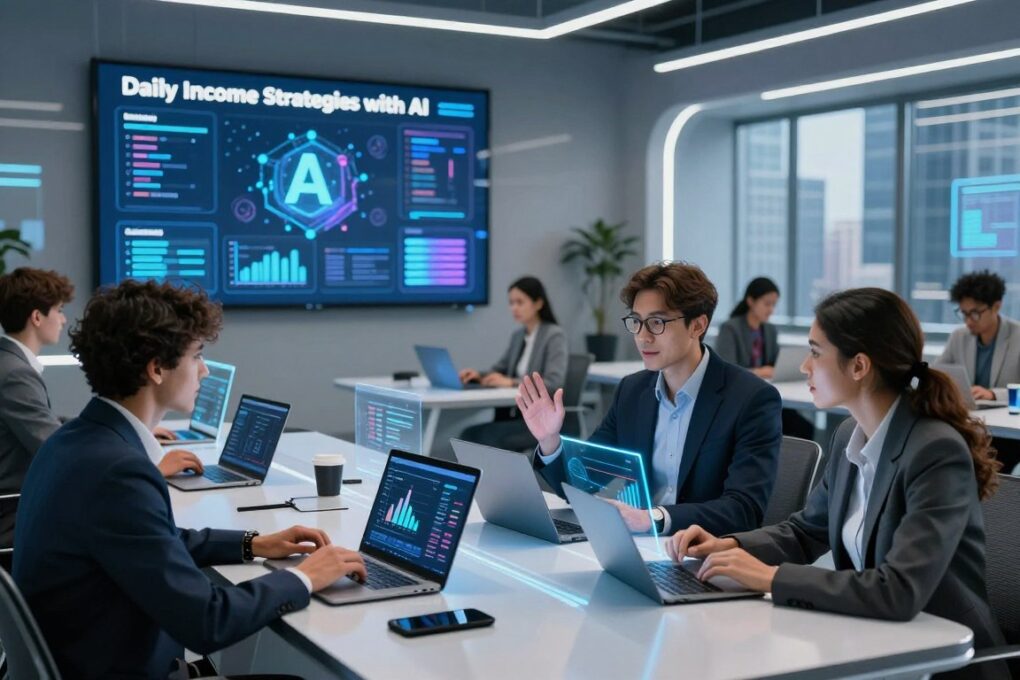A modern online education environment showcasing "Daily Income Strategies with AI." In the foreground, a diverse group of three professionals—two men and one woman—are engaged in a lively discussion around a sleek, futuristic table filled with digital devices and holographic displays showing charts and analytics. They are dressed in smart business attire, projecting an atmosphere of innovation and collaboration. In the middle ground, a large screen displays an AI-driven educational platform with an engaging interface, while other students appear focused and engaged in learning on their laptops. The background features a stylish, high-tech classroom with ambient lighting and large windows revealing a city skyline. The mood is dynamic and inspiring, highlighting the potential of AI in online education and training.