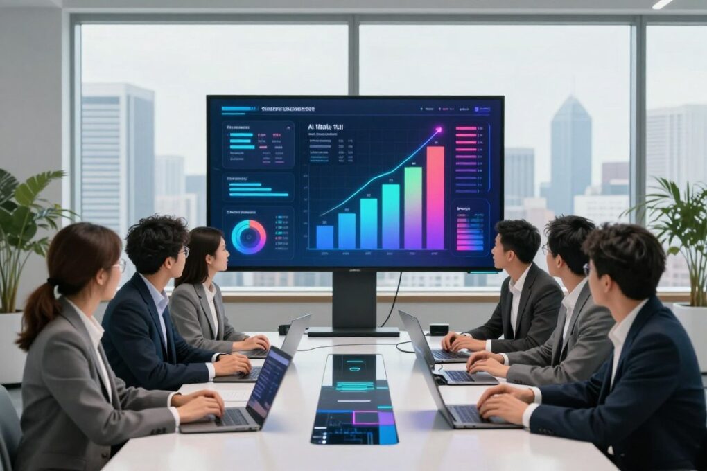 A modern workspace showcasing AI-driven content creation. In the foreground, a diverse group of professionals in business attire, engaged in a discussion around a sleek, futuristic table with laptops and digital devices. The middle layer features a large screen displaying vibrant infographics about AI tools and analytics, emphasizing the growth of content creation. In the background, a bright window reveals a city skyline, symbolizing innovation and progress. Soft, natural lighting enhances the atmosphere, creating a motivating and energetic vibe. The focus is on collaboration and technology, highlighting the potential for profitable business ideas in AI as the central theme.