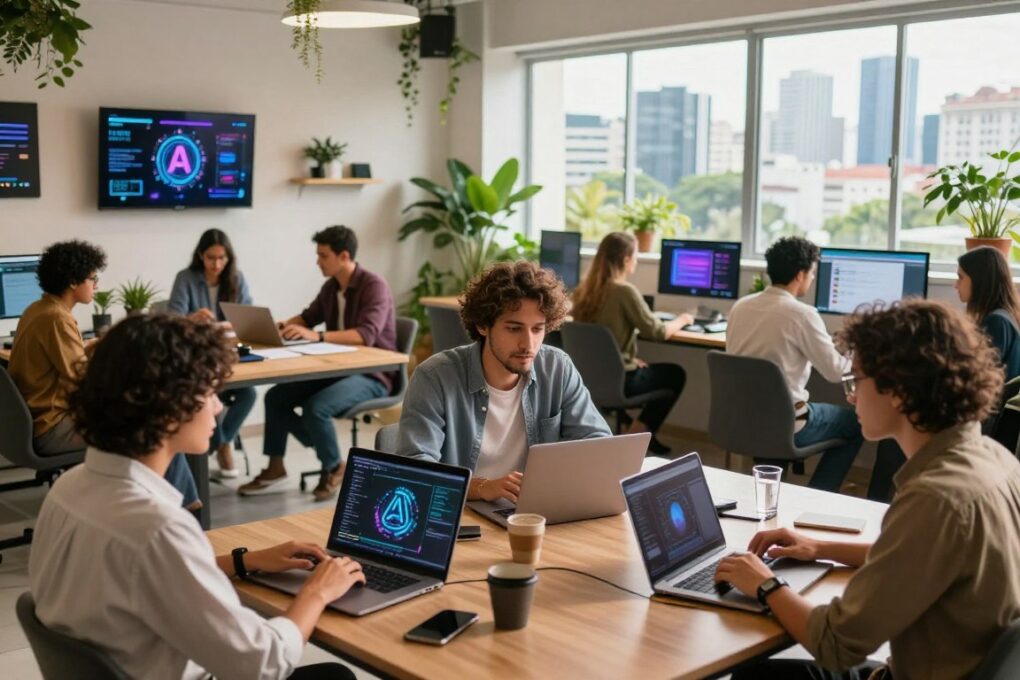 A vibrant and dynamic scene of Brazilian freelancers engaged in networking and building an online community centered around artificial intelligence. In the foreground, we see a diverse group of professionals in business casual attire, actively discussing and sharing ideas over laptops and digital devices. The middle ground features a modern co-working space filled with greenery and tech-inspired decor. On the walls, screens display AI-related visuals and community interactions. The background includes large windows showcasing a sunny Brazilian skyline, creating an inviting atmosphere filled with natural light. The mood is collaborative and energetic, conveying a sense of innovation and connection among emerging digital entrepreneurs. The setting emphasizes a bright color palette, with soft, diffused lighting for a friendly and engaging ambiance.