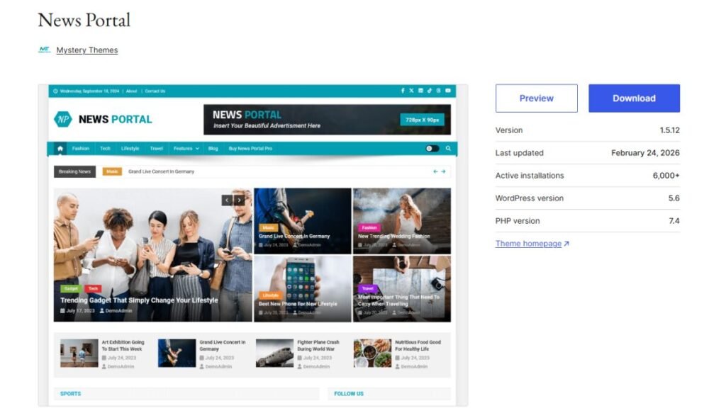 News Portal é um tema gratuito para WordPress desenvolvido pela Mystery Themes