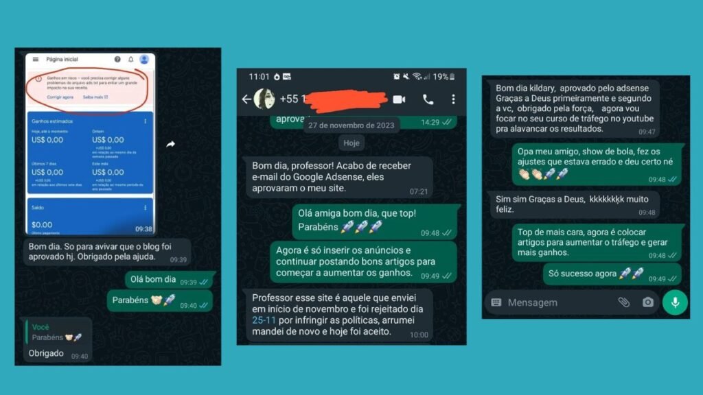 Prinst de alunos me relatando aprovação do google adsense usando o news portal