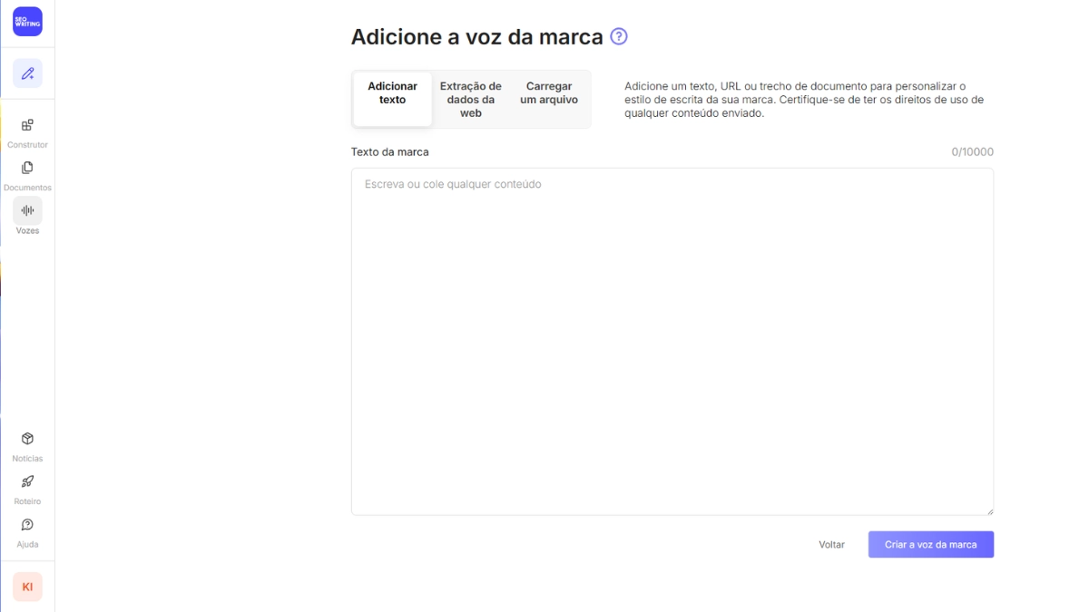 Recurso Brand Voice da seowriting ai