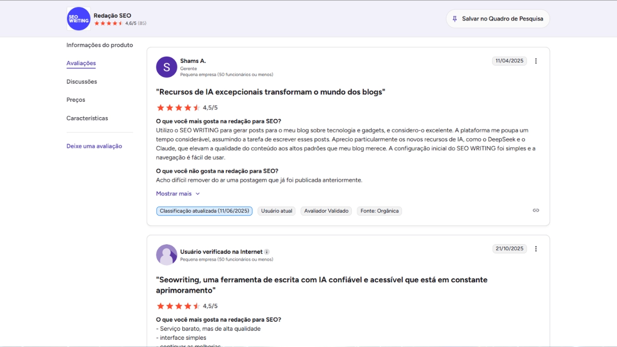 avaliações verificadas da seowriting ai na plataforma G2