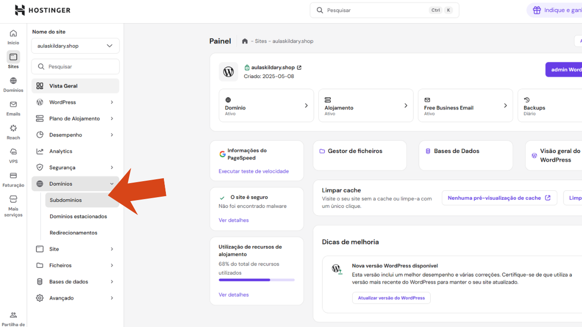 na barara lateral do hpanel da hostinger clique em subdominios