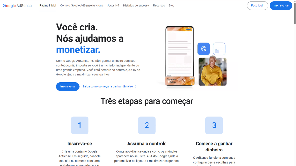 página inicial do site do google adsense