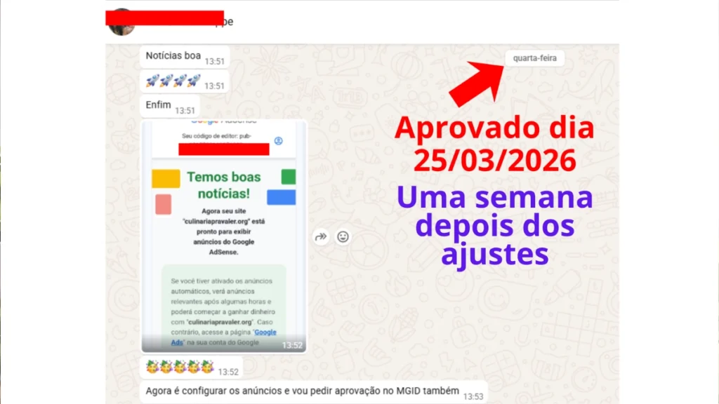 print da aprovação do blog culinaria pra valer no google adsense