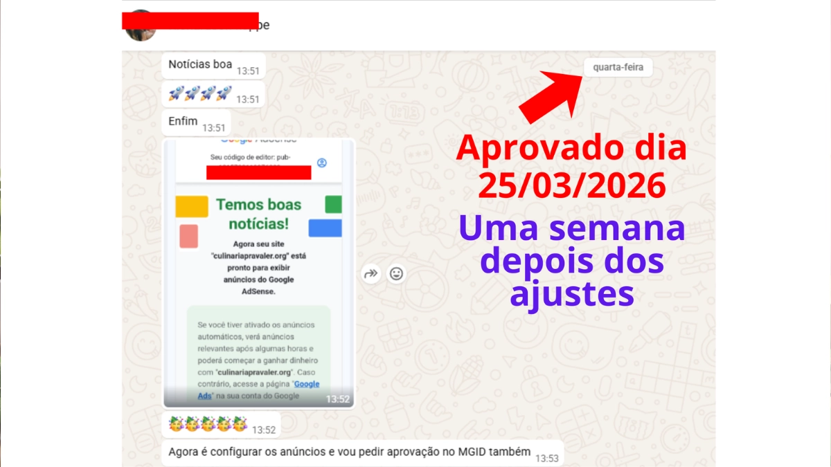 print da aprovação do blog culinaria pra valer no google adsense
