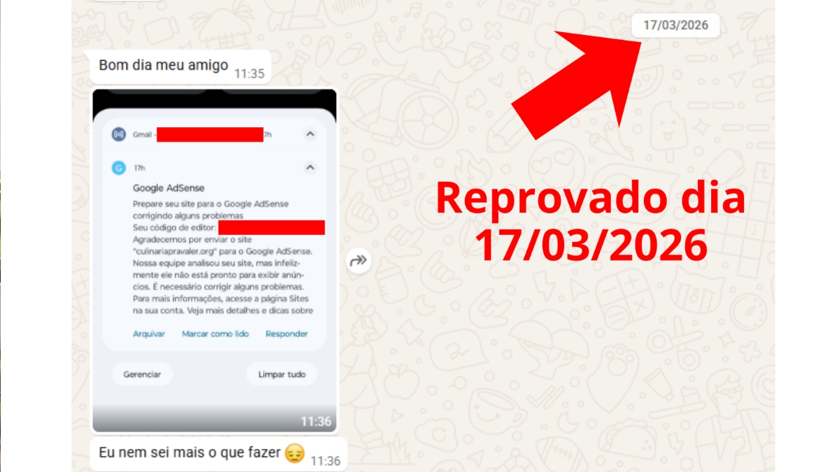print da reprovação do blog culinaria pra valer