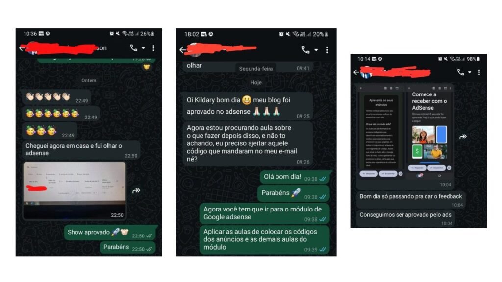 prints de alunos do meu curso que aprovaram o blog no google adsense usando o tema news portal