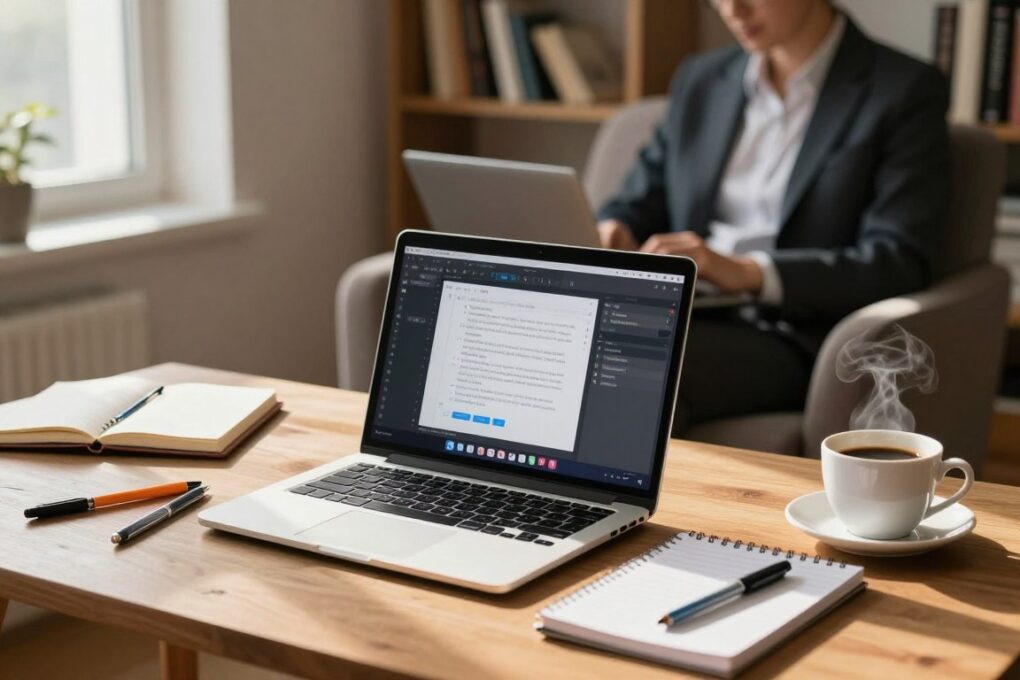 A focused workspace illustrating the concept of digital text writing and editing services. In the foreground, a sleek wooden desk with an open laptop displaying an online editing tool, surrounded by neatly organized notepads, colorful pens, and a steaming cup of coffee. In the middle background, a cozy armchair with a person in professional attire, typing thoughtfully, showcasing dedication and creativity. Soft, natural light streams through a nearby window, casting warm shadows, creating an inviting atmosphere. The background features a softly blurred bookshelf filled with literature and reference books, emphasizing knowledge and expertise. The overall mood conveys professionalism, creativity, and a productive working environment in the digital age. A focused workspace illustrating the concept of digital text writing and editing services. In the foreground, a sleek wooden desk with an open laptop displaying an online editing tool, surrounded by neatly organized notepads, colorful pens, and a steaming cup of coffee. In the middle background, a cozy armchair with a person in professional attire, typing thoughtfully, showcasing dedication and creativity. Soft, natural light streams through a nearby window, casting warm shadows, creating an inviting atmosphere. The background features a softly blurred bookshelf filled with literature and reference books, emphasizing knowledge and expertise. The overall mood conveys professionalism, creativity, and a productive working environment in the digital age.
