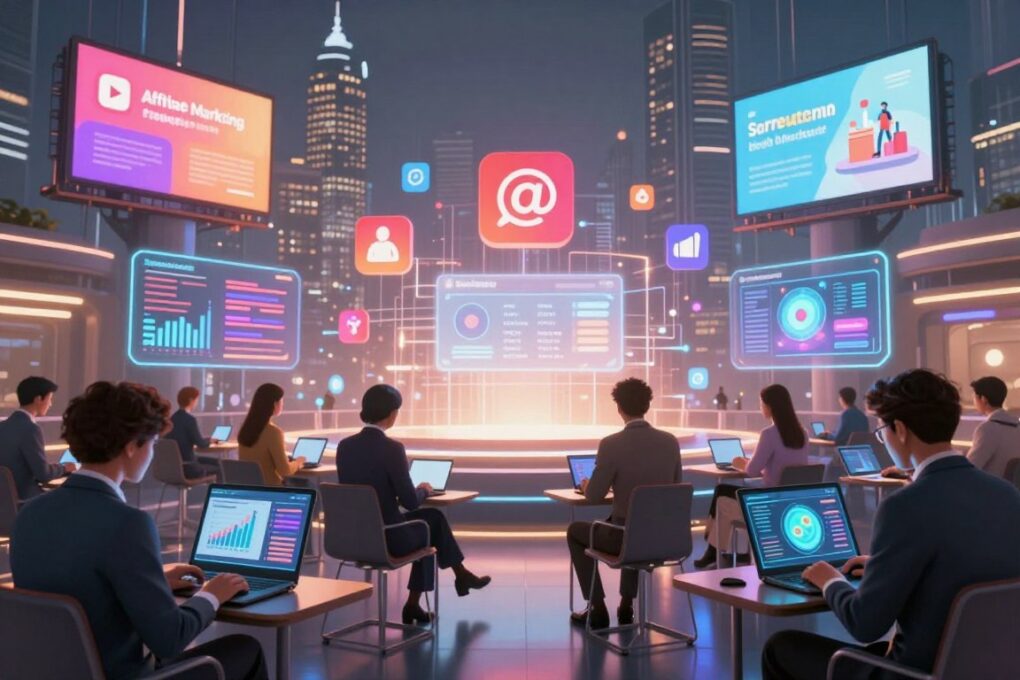 A futuristic digital marketing landscape set in 2026, showcasing advanced affiliate marketing trends. In the foreground, a diverse group of professionals wearing business attire, focused on their digital devices, analyzing vibrant graphs and data. In the middle ground, sleek holographic displays of social media icons, e-commerce platforms, and affiliate networks, casting a soft glow. The background features a modern city skyline with towering digital billboards promoting various products. Warm, ambient lighting radiates throughout the scene, creating an optimistic and dynamic atmosphere, suggesting innovation and growth. A wide-angle view captures the energy of collaboration in a tech-driven environment, emphasizing the future of affiliate marketing. A futuristic digital marketing landscape set in 2026, showcasing advanced affiliate marketing trends. In the foreground, a diverse group of professionals wearing business attire, focused on their digital devices, analyzing vibrant graphs and data. In the middle ground, sleek holographic displays of social media icons, e-commerce platforms, and affiliate networks, casting a soft glow. The background features a modern city skyline with towering digital billboards promoting various products. Warm, ambient lighting radiates throughout the scene, creating an optimistic and dynamic atmosphere, suggesting innovation and growth. A wide-angle view captures the energy of collaboration in a tech-driven environment, emphasizing the future of affiliate marketing.