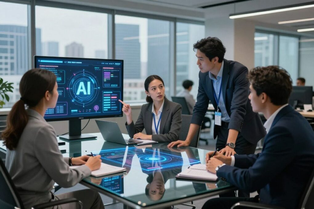 A modern office setting with diverse professionals collaborating on artificial intelligence strategies. In the foreground, a group of three individuals—two women and one man—are deeply engaged in discussion over an interactive digital display showing AI data and partnership strategies. They are dressed in smart business attire, conveying professionalism and collaboration. In the middle, a large glass conference table with notebooks and laptops, reflecting a high-tech environment. The background reveals a panoramic city view through large windows, indicating a bustling business atmosphere. Soft, ambient lighting enhances the focus on the group, while a slight lens blur adds depth to the setting. The overall mood is dynamic and innovative, capturing the essence of strategic partnership in AI commercialization. A modern office setting with diverse professionals collaborating on artificial intelligence strategies. In the foreground, a group of three individuals—two women and one man—are deeply engaged in discussion over an interactive digital display showing AI data and partnership strategies. They are dressed in smart business attire, conveying professionalism and collaboration. In the middle, a large glass conference table with notebooks and laptops, reflecting a high-tech environment. The background reveals a panoramic city view through large windows, indicating a bustling business atmosphere. Soft, ambient lighting enhances the focus on the group, while a slight lens blur adds depth to the setting. The overall mood is dynamic and innovative, capturing the essence of strategic partnership in AI commercialization.