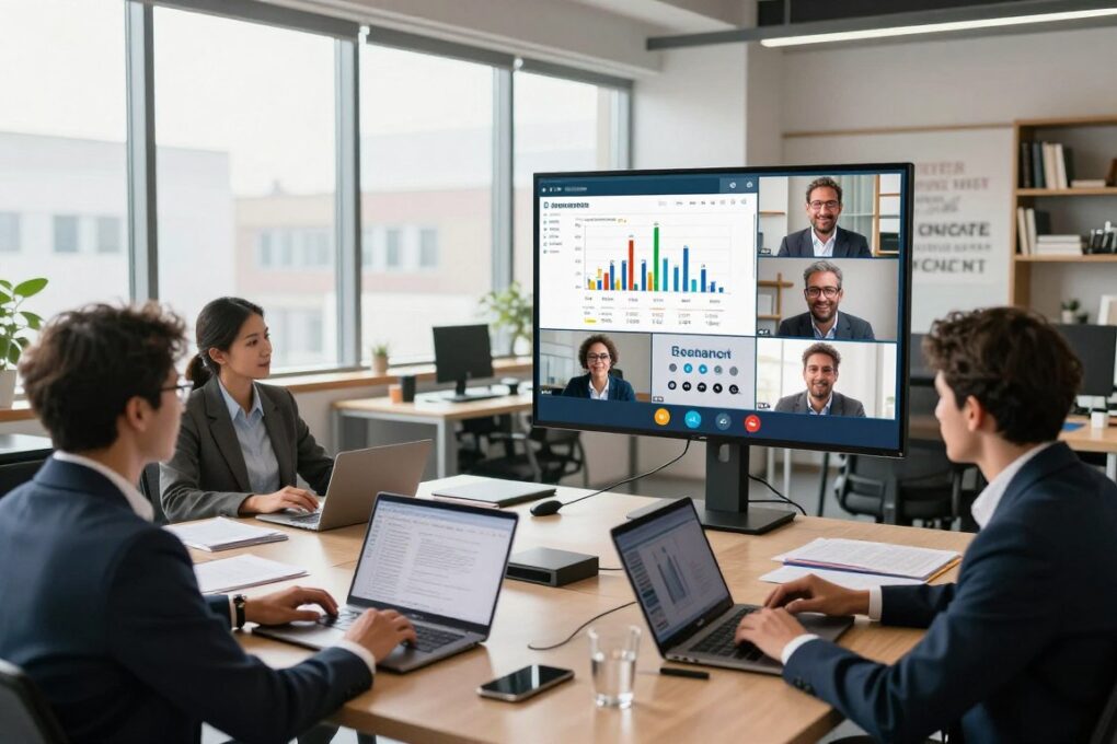 A modern workspace depicting digital business concepts, with a focus on online courses and e-learning. In the foreground, a diverse group of professionals in business attire are engaged in a video conference, surrounded by sleek laptops and digital devices. The middle layer showcases an interactive digital whiteboard displaying graphs and educational content. In the background, large windows let in natural light, illuminating the office environment filled with books and motivational quotes related to online learning. The atmosphere is vibrant yet focused, conveying a sense of innovation and professionalism, shot at a slight angle to emphasize the interaction and collaboration. A modern workspace depicting digital business concepts, with a focus on online courses and e-learning. In the foreground, a diverse group of professionals in business attire are engaged in a video conference, surrounded by sleek laptops and digital devices. The middle layer showcases an interactive digital whiteboard displaying graphs and educational content. In the background, large windows let in natural light, illuminating the office environment filled with books and motivational quotes related to online learning. The atmosphere is vibrant yet focused, conveying a sense of innovation and professionalism, shot at a slight angle to emphasize the interaction and collaboration.