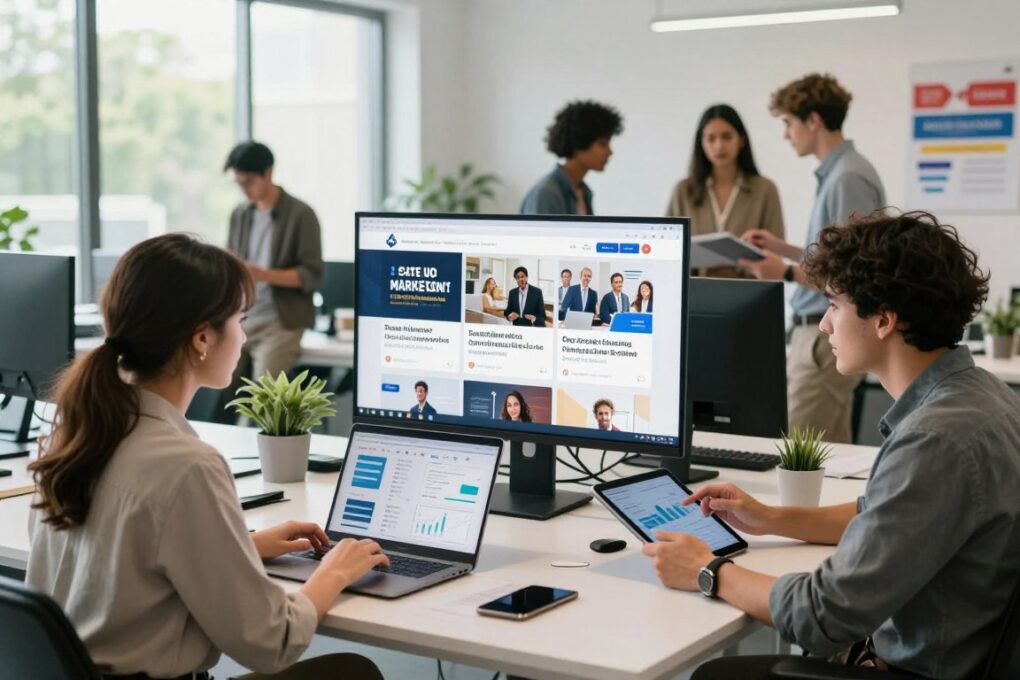 A modern workspace featuring a diverse group of professionals collaborating on a digital marketing campaign. In the foreground, a woman in smart casual attire is examining analytics on a laptop, while a man beside her discusses strategies with a tablet in hand. The middle ground shows a large screen displaying social media platforms filled with engaging posts aimed at converting sales. In the background, a bright office with large windows, trees outside, and motivational posters about success and teamwork. Soft natural lighting creates an energetic atmosphere, focusing on innovation and collaboration. The scene captures a sense of motivation and teamwork in promoting products through social media. A modern workspace featuring a diverse group of professionals collaborating on a digital marketing campaign. In the foreground, a woman in smart casual attire is examining analytics on a laptop, while a man beside her discusses strategies with a tablet in hand. The middle ground shows a large screen displaying social media platforms filled with engaging posts aimed at converting sales. In the background, a bright office with large windows, trees outside, and motivational posters about success and teamwork. Soft natural lighting creates an energetic atmosphere, focusing on innovation and collaboration. The scene captures a sense of motivation and teamwork in promoting products through social media.