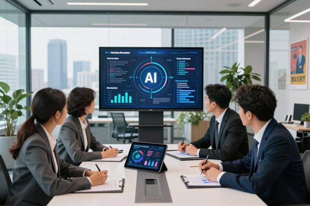 A professional business meeting scene set in a modern office with a glass wall overlooking a city skyline. In the foreground, a diverse group of four professionals, dressed in smart business attire, is gathered around a sleek conference table, engaging in a discussion while analyzing charts and data on a digital tablet. The middle layer features a large screen displaying a visually appealing infographic that illustrates AI marketing strategies and value propositions. The background showcases a bright, airy office environment with natural light streaming in, plants providing a touch of greenery, and motivational posters on the walls. The mood is collaborative and innovative, with an atmosphere that reflects the future of AI in commercial settings. Soft, diffuse lighting enhances the professionalism of the scene. A professional business meeting scene set in a modern office with a glass wall overlooking a city skyline. In the foreground, a diverse group of four professionals, dressed in smart business attire, is gathered around a sleek conference table, engaging in a discussion while analyzing charts and data on a digital tablet. The middle layer features a large screen displaying a visually appealing infographic that illustrates AI marketing strategies and value propositions. The background showcases a bright, airy office environment with natural light streaming in, plants providing a touch of greenery, and motivational posters on the walls. The mood is collaborative and innovative, with an atmosphere that reflects the future of AI in commercial settings. Soft, diffuse lighting enhances the professionalism of the scene.