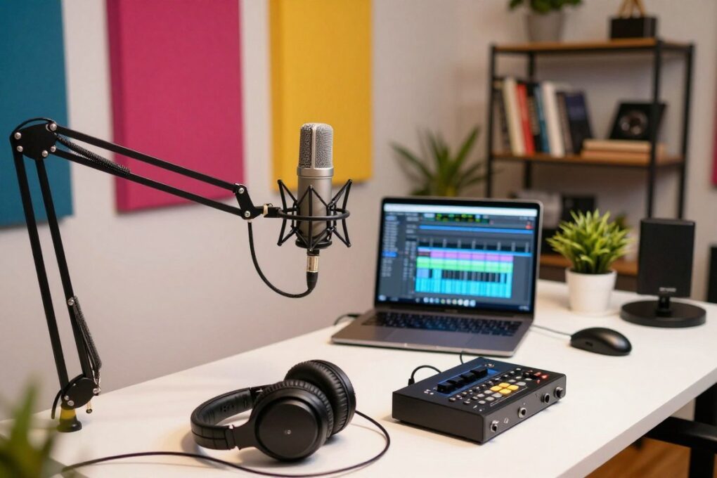 A professional podcasting studio setup featuring vibrant equipment essential for creating successful podcasts and generating extra income. In the foreground, showcase a high-quality microphone on an adjustable boom arm, a pair of sleek headphones resting on a desk, and a digital audio interface. The middle layer includes a laptop with visible audio editing software on the screen, colorful soundproofing panels on the walls, and a small indoor plant to add warmth. In the background, a stylish bookshelf filled with audio-related books and decor, soft, warm lighting creating an inviting atmosphere. Use a slightly elevated angle for a dynamic perspective, capturing the essence of a creative workspace. A professional podcasting studio setup featuring vibrant equipment essential for creating successful podcasts and generating extra income. In the foreground, showcase a high-quality microphone on an adjustable boom arm, a pair of sleek headphones resting on a desk, and a digital audio interface. The middle layer includes a laptop with visible audio editing software on the screen, colorful soundproofing panels on the walls, and a small indoor plant to add warmth. In the background, a stylish bookshelf filled with audio-related books and decor, soft, warm lighting creating an inviting atmosphere. Use a slightly elevated angle for a dynamic perspective, capturing the essence of a creative workspace.