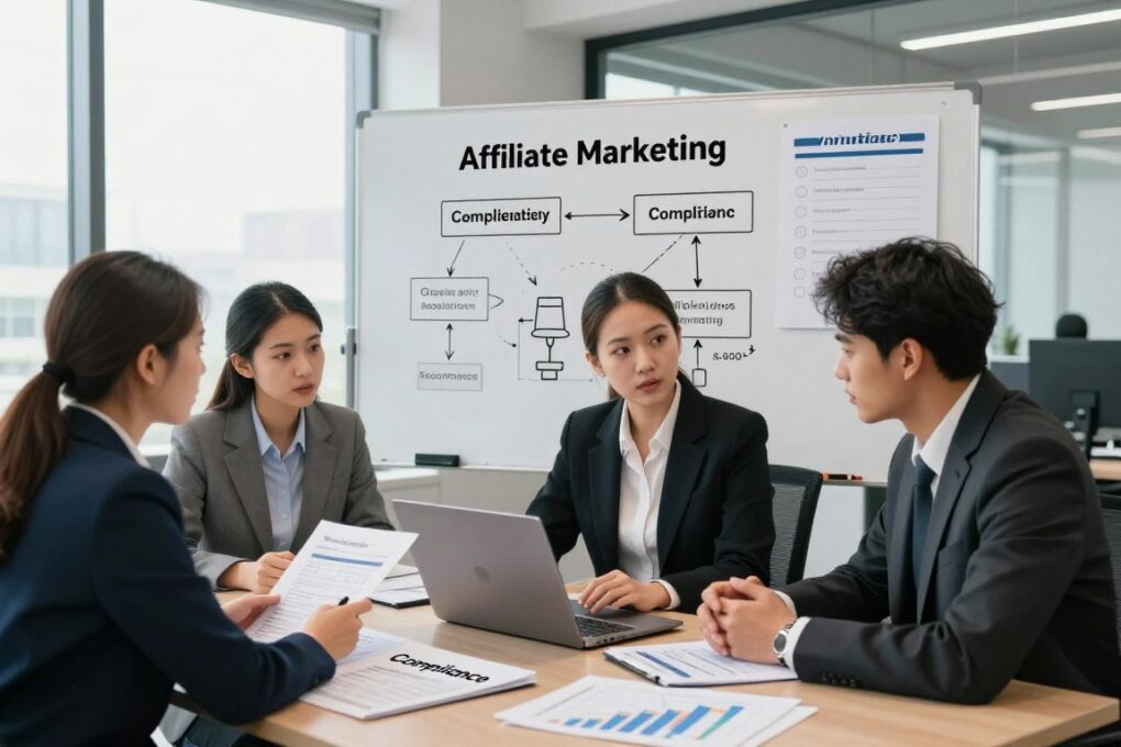 A professional setting depicting the concept of affiliate marketing within the confines of legal compliance. In the foreground, a diverse group of three people in professional business attire engage in a discussion around a laptop, analyzing data. A well-organized workspace is visible, featuring documents marked ‘Compliance’ and charts representing financial growth. In the middle ground, a large whiteboard displays diagrams of affiliate strategies alongside a checklist for compliance regulations. The background showcases a modern office with large windows allowing natural light to illuminate the space, contributing to a productive atmosphere. The overall mood is focused and determined, conveying the seriousness of adherence to legal guidelines in business practices. A professional setting depicting the concept of affiliate marketing within the confines of legal compliance. In the foreground, a diverse group of three people in professional business attire engage in a discussion around a laptop, analyzing data. A well-organized workspace is visible, featuring documents marked ‘Compliance’ and charts representing financial growth. In the middle ground, a large whiteboard displays diagrams of affiliate strategies alongside a checklist for compliance regulations. The background showcases a modern office with large windows allowing natural light to illuminate the space, contributing to a productive atmosphere. The overall mood is focused and determined, conveying the seriousness of adherence to legal guidelines in business practices.