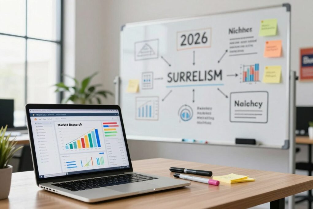 A professional setting displaying diverse digital marketing strategies for selecting profitable niches in 2026. In the foreground, a laptop with an open market research dashboard shows colorful graphs and analytics. Middle ground features a whiteboard filled with brainstorming ideas and keywords for affiliate marketing niches, alongside markers and sticky notes scattered around. The background includes a modern office environment with a large window allowing soft natural light to filter in, creating a bright and inviting atmosphere. Subtle elements like a potted plant and motivational posters are added for an inspiring vibe. The overall mood encourages creativity and strategic thinking, aiming to depict a professional yet dynamic workspace. A professional setting displaying diverse digital marketing strategies for selecting profitable niches in 2026. In the foreground, a laptop with an open market research dashboard shows colorful graphs and analytics. Middle ground features a whiteboard filled with brainstorming ideas and keywords for affiliate marketing niches, alongside markers and sticky notes scattered around. The background includes a modern office environment with a large window allowing soft natural light to filter in, creating a bright and inviting atmosphere. Subtle elements like a potted plant and motivational posters are added for an inspiring vibe. The overall mood encourages creativity and strategic thinking, aiming to depict a professional yet dynamic workspace.