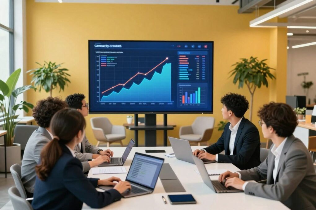 A vibrant digital workspace showcasing the concept of paid communities and digital subscriptions. In the foreground, a diverse group of professionals, dressed in smart business attire, are engaged around a sleek conference table with laptops and tablets, discussing ideas. The middle layer features a large digital screen displaying graphs and analytics related to community growth and subscription models. In the background, a modern office space with bright, inviting colors, potted plants, and contemporary furniture creates an atmosphere of innovation and collaboration. The lighting is warm and natural, suggesting a productive daytime environment. The overall mood is dynamic and forward-thinking, embodying the essence of digital entrepreneurship in 2026. A vibrant digital workspace showcasing the concept of paid communities and digital subscriptions. In the foreground, a diverse group of professionals, dressed in smart business attire, are engaged around a sleek conference table with laptops and tablets, discussing ideas. The middle layer features a large digital screen displaying graphs and analytics related to community growth and subscription models. In the background, a modern office space with bright, inviting colors, potted plants, and contemporary furniture creates an atmosphere of innovation and collaboration. The lighting is warm and natural, suggesting a productive daytime environment. The overall mood is dynamic and forward-thinking, embodying the essence of digital entrepreneurship in 2026.