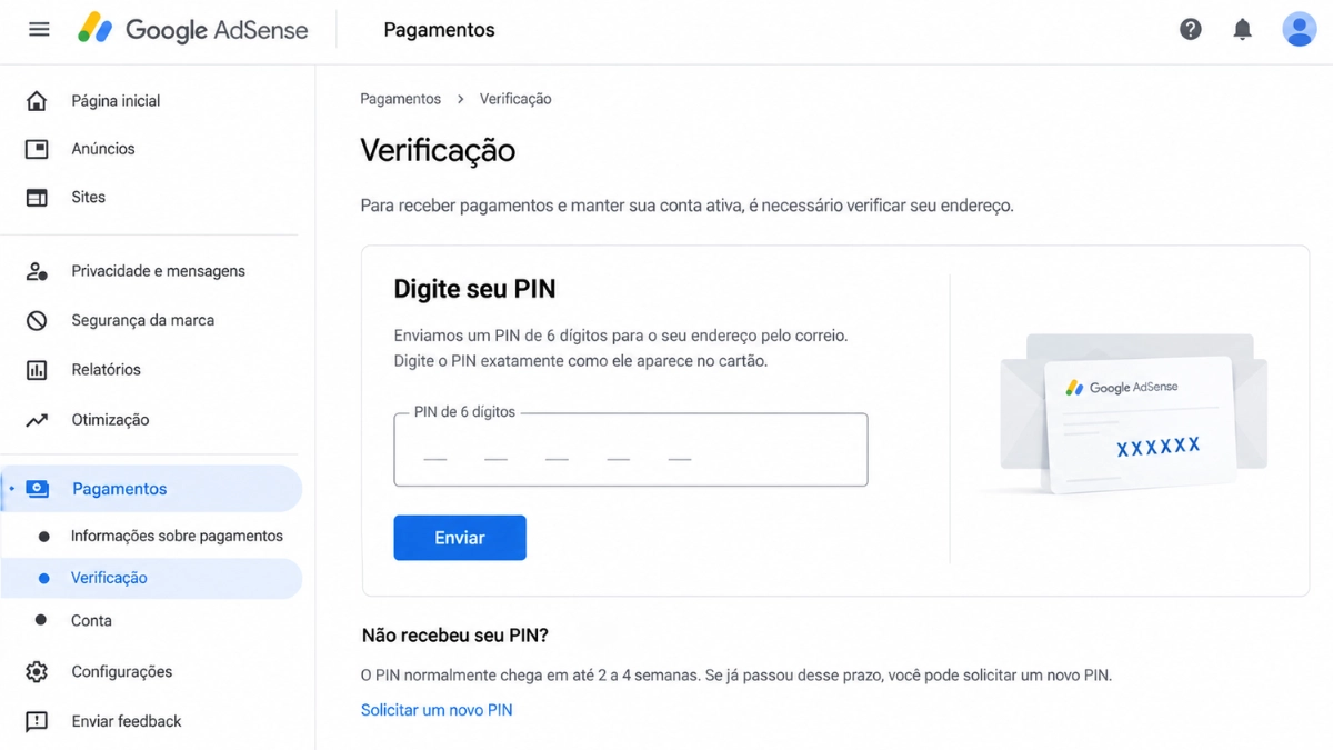 Painel do Google AdSense mostrando onde inserir o PIN para confirmar o endereço de pagamentos.