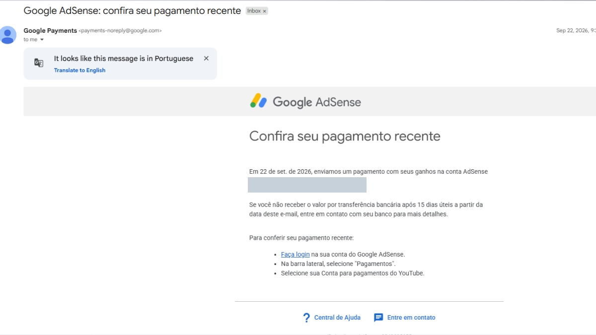 e-mail de pagamento enviado dia 22 pelo google adsense