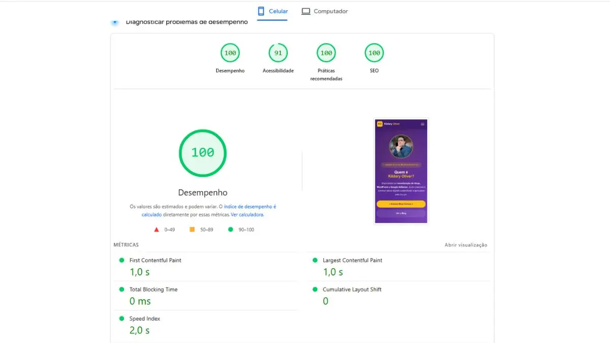 O Que São Core Web Vitals e Como Deixar Seu Blog Aprovado no PageSpeed em 2026 2 resultado no pagespeed do meu blog kildaryoliver.com.br