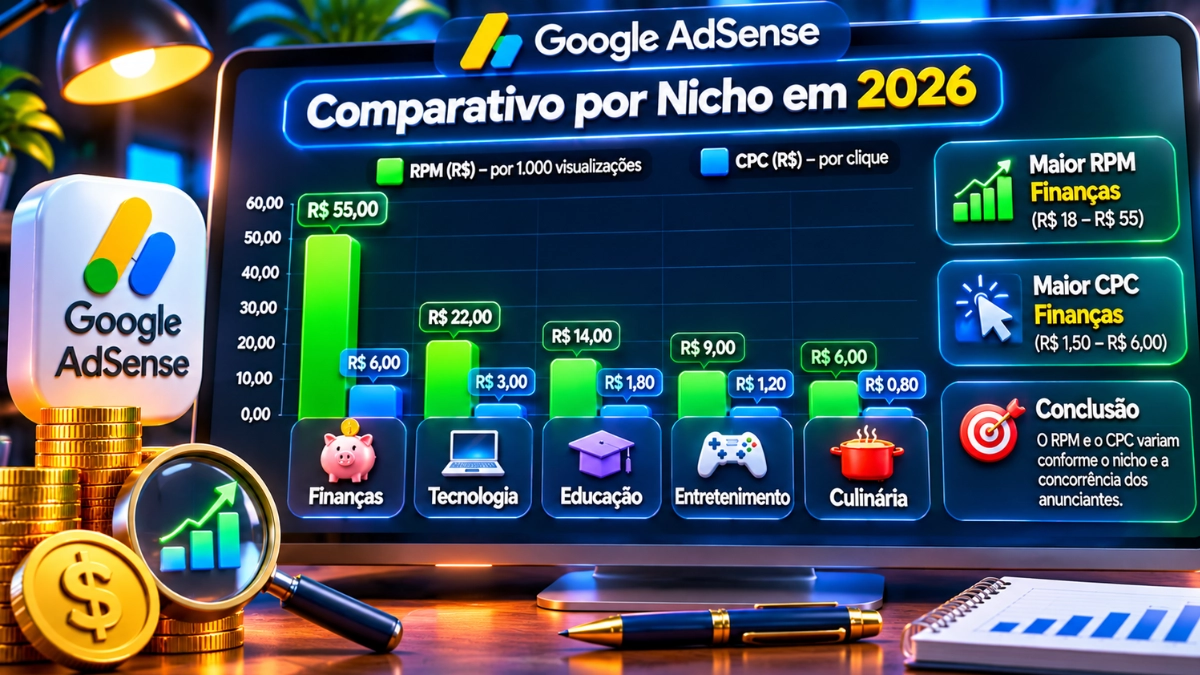 Quanto o Google AdSense Paga por Nicho em 2026? RPM e CPC 2 Comparação ilustrativa do RPM e CPC de diferentes nichos de blogs.