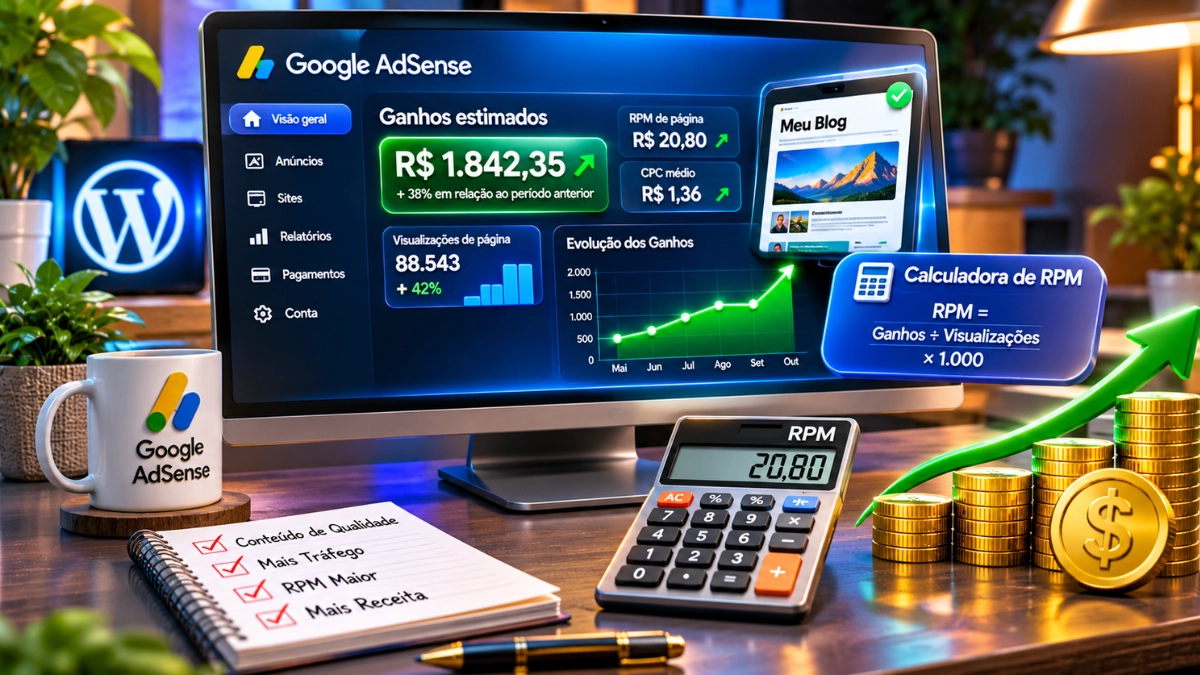 Quanto o Google AdSense Paga por Nicho em 2026? RPM e CPC 3 Simulação de ganhos de um blog com Google AdSense com base no RPM e nas visualizações.