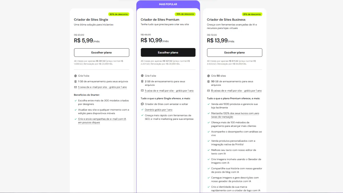 Planos e Preços do Criador de Sites da Hostinger em 2026