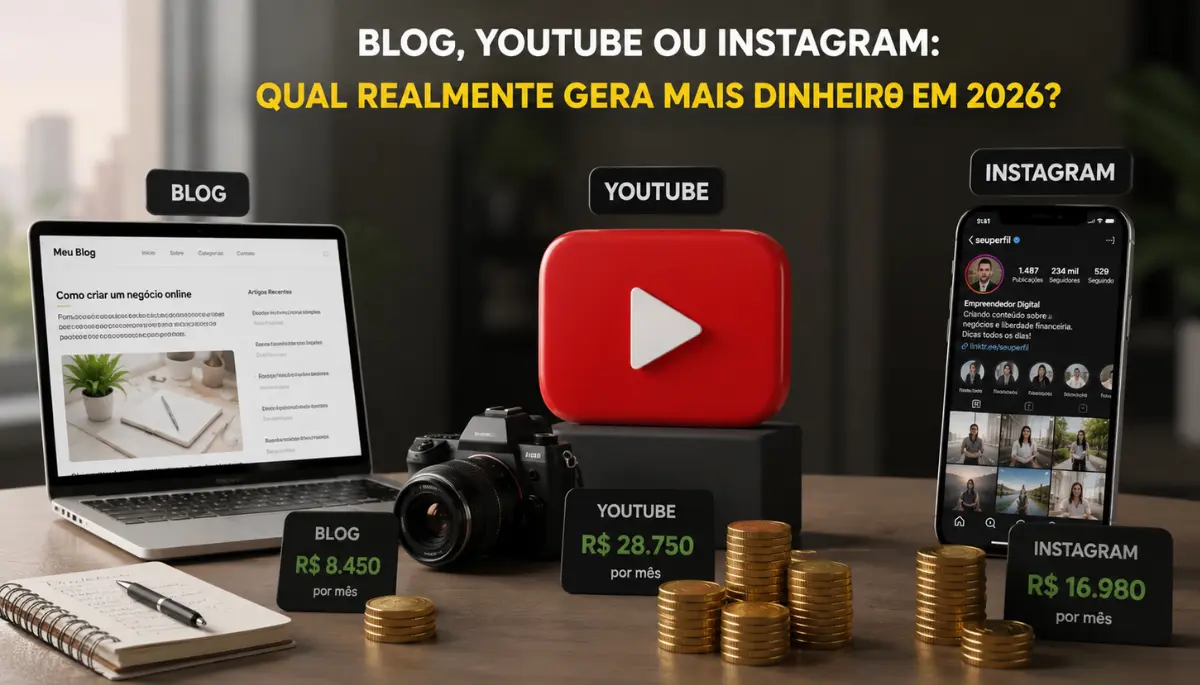 Blog, YouTube ou Instagram: qual realmente gera mais dinheiro em 2026? 1 Blog, YouTube ou Instagram qual realmente gera mais dinheiro