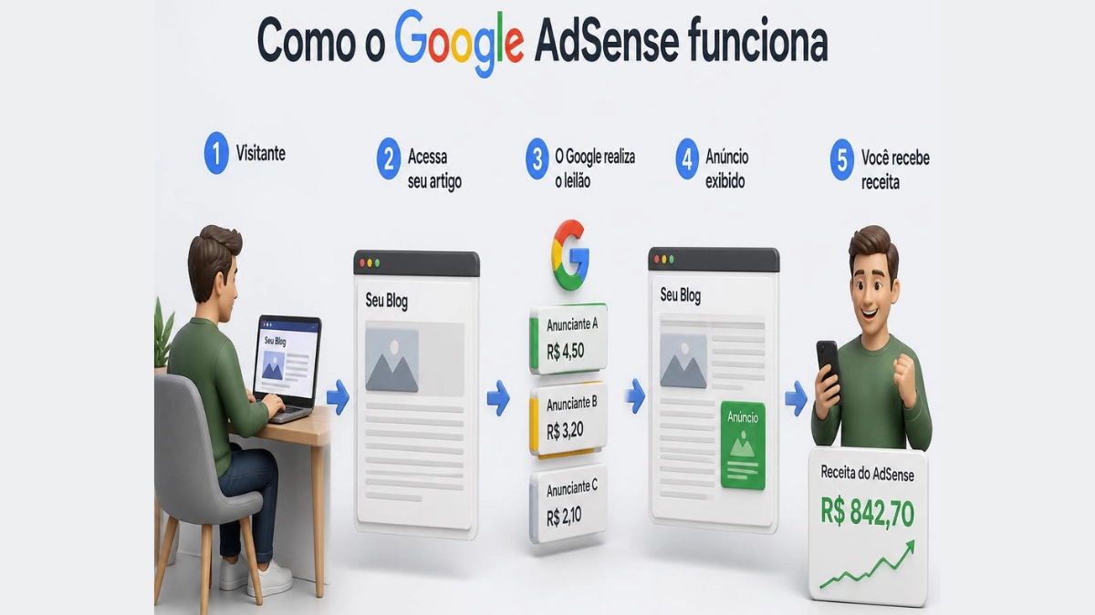 Google AdSense: Guia Completo para Ganhar Dinheiro com Blogs e Sites em 2026 2 Fluxograma de funcionamento do AdSense