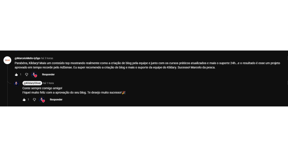 print do comentário do Marcelo Mello agradecendo, feito no vídeo publicado no YouTube
